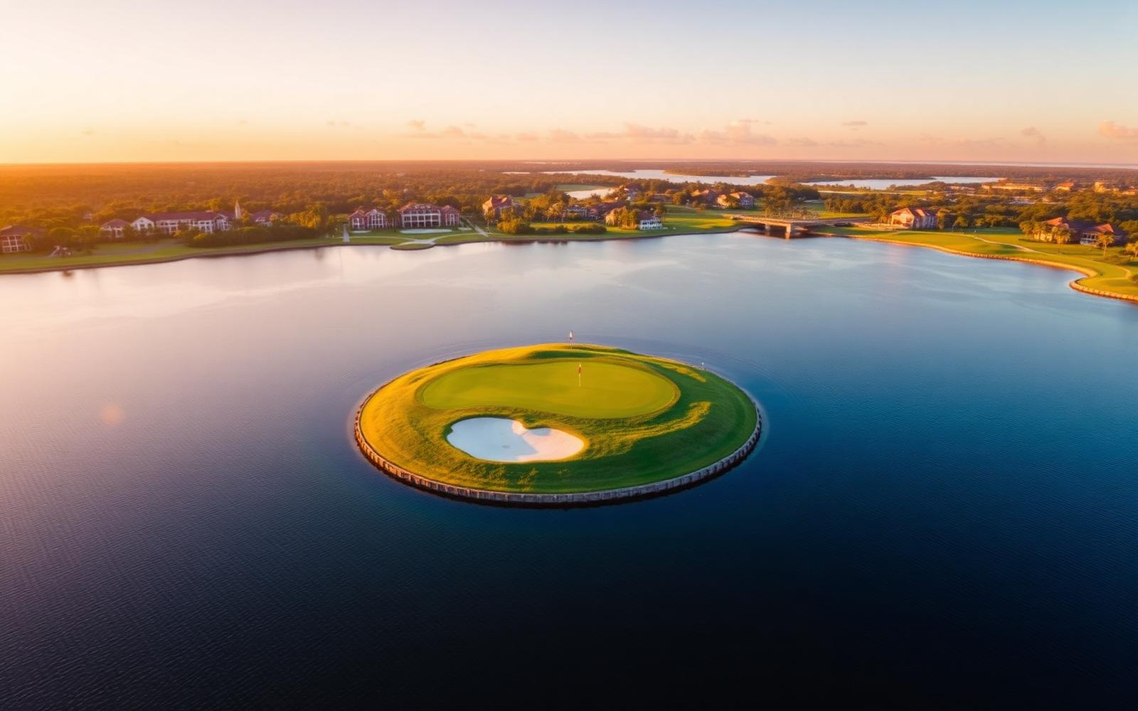Aerial view of the Island Green 17th hole at TPC Sawgrass at golden hour
