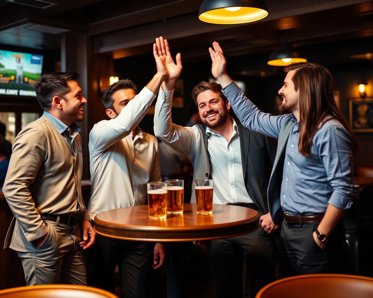A group of friends celebrating with pints in a warmly lit pub after a great golf shot