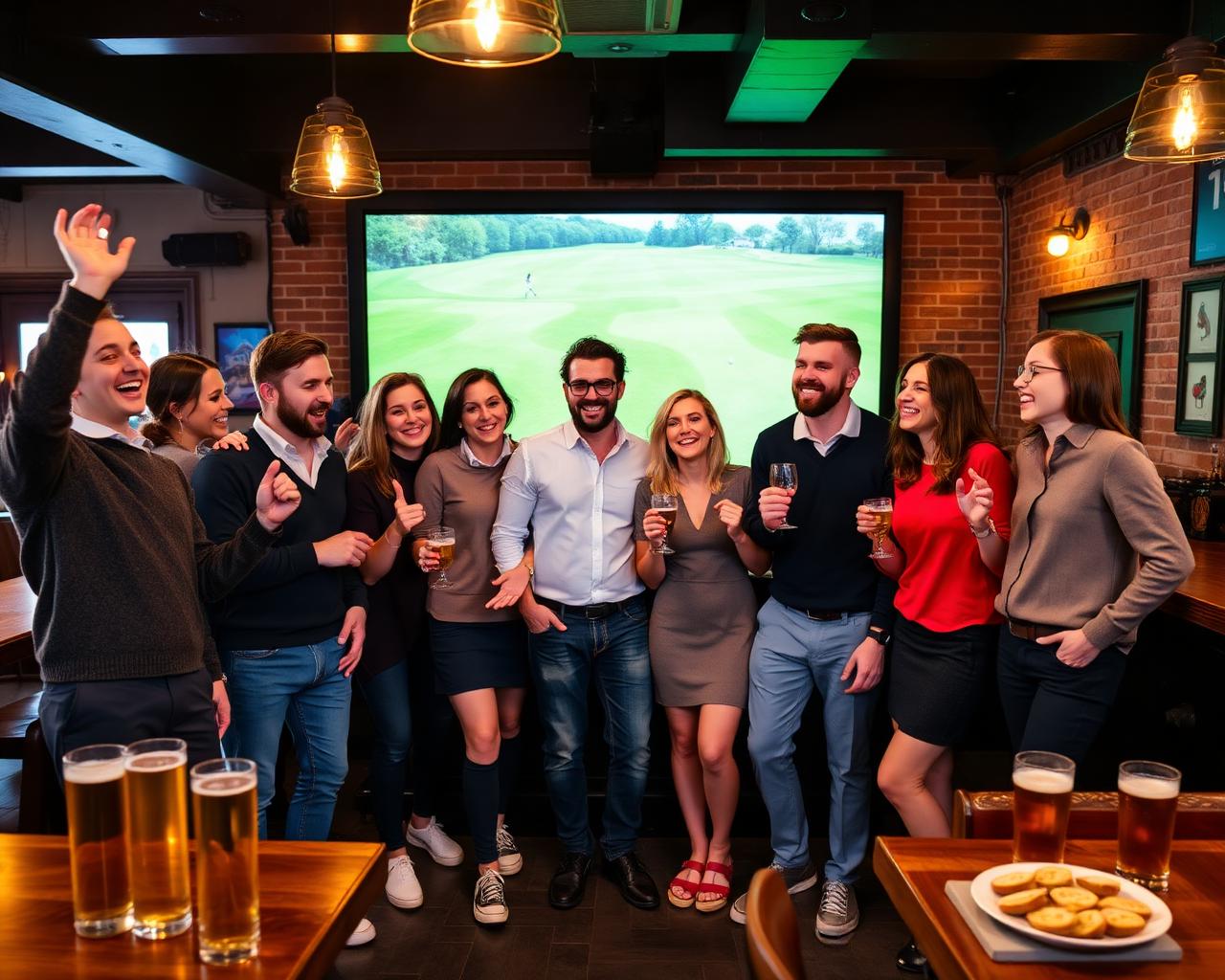 Colleagues cheering during a corporate golf simulator event at a stylish venue