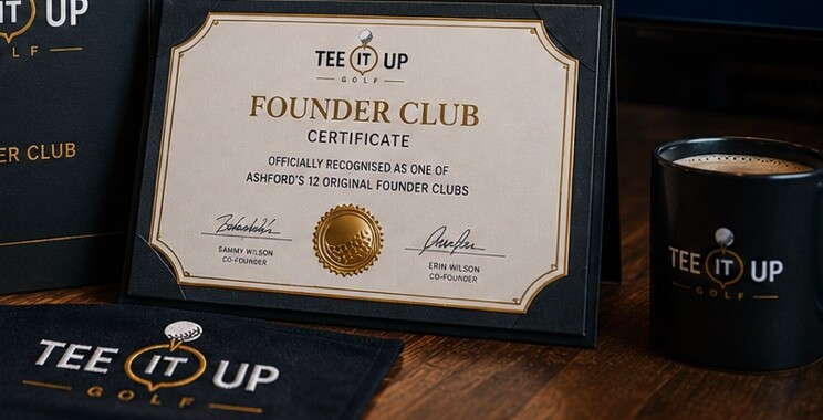 A framed Founder Club certificate and plaque presented in a pub