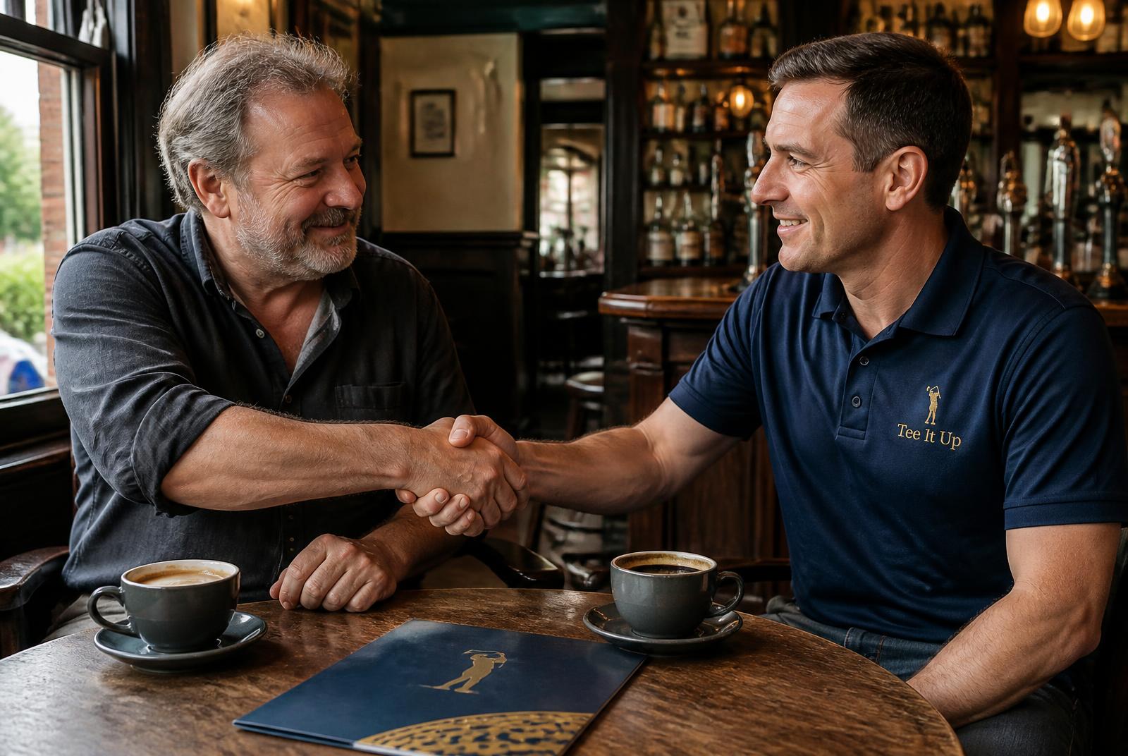 A landlord and a Tee It Up founder shaking hands over coffee and the Founder Club prospectus