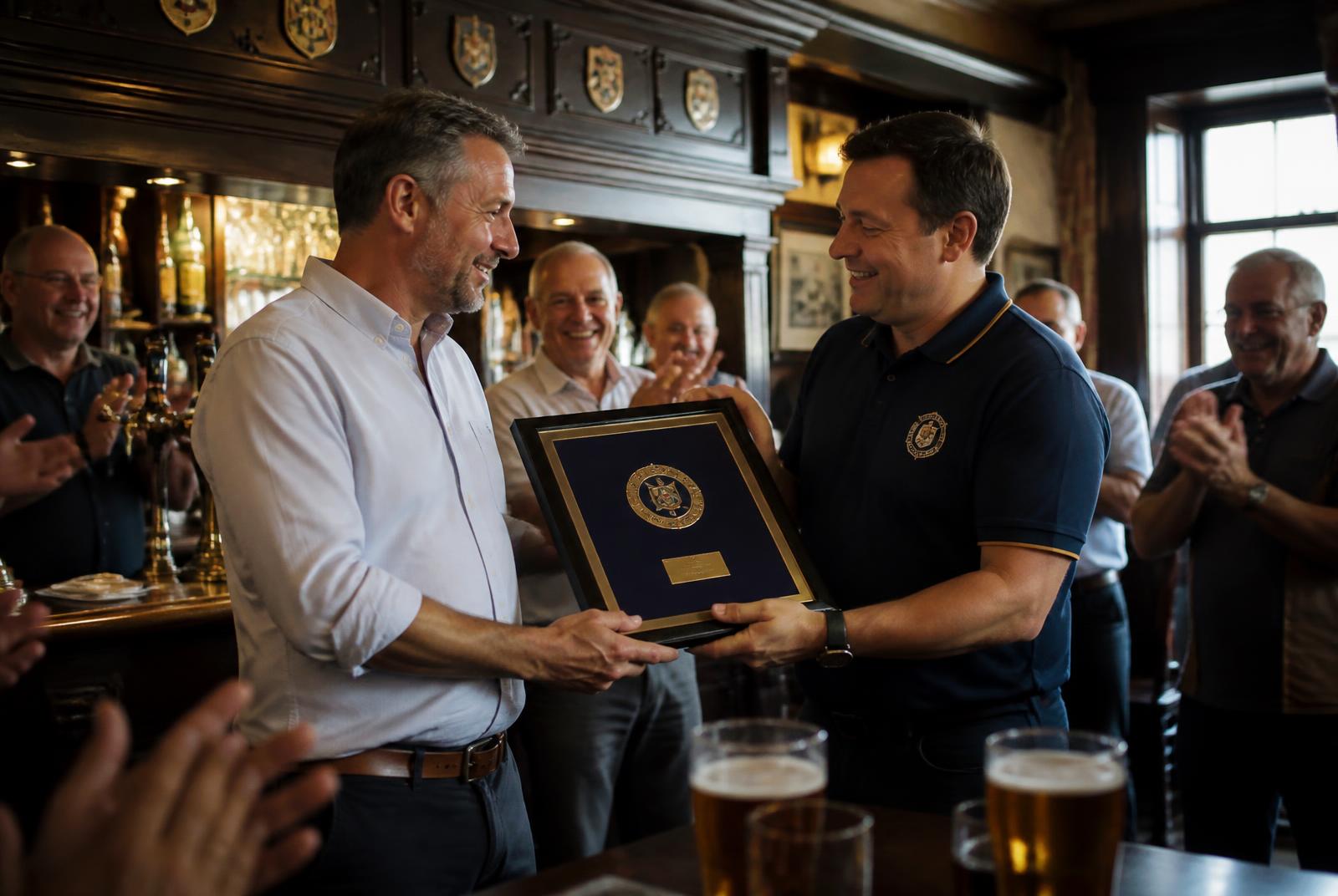 A landlord receiving a framed Founder Club plaque as the room applauds