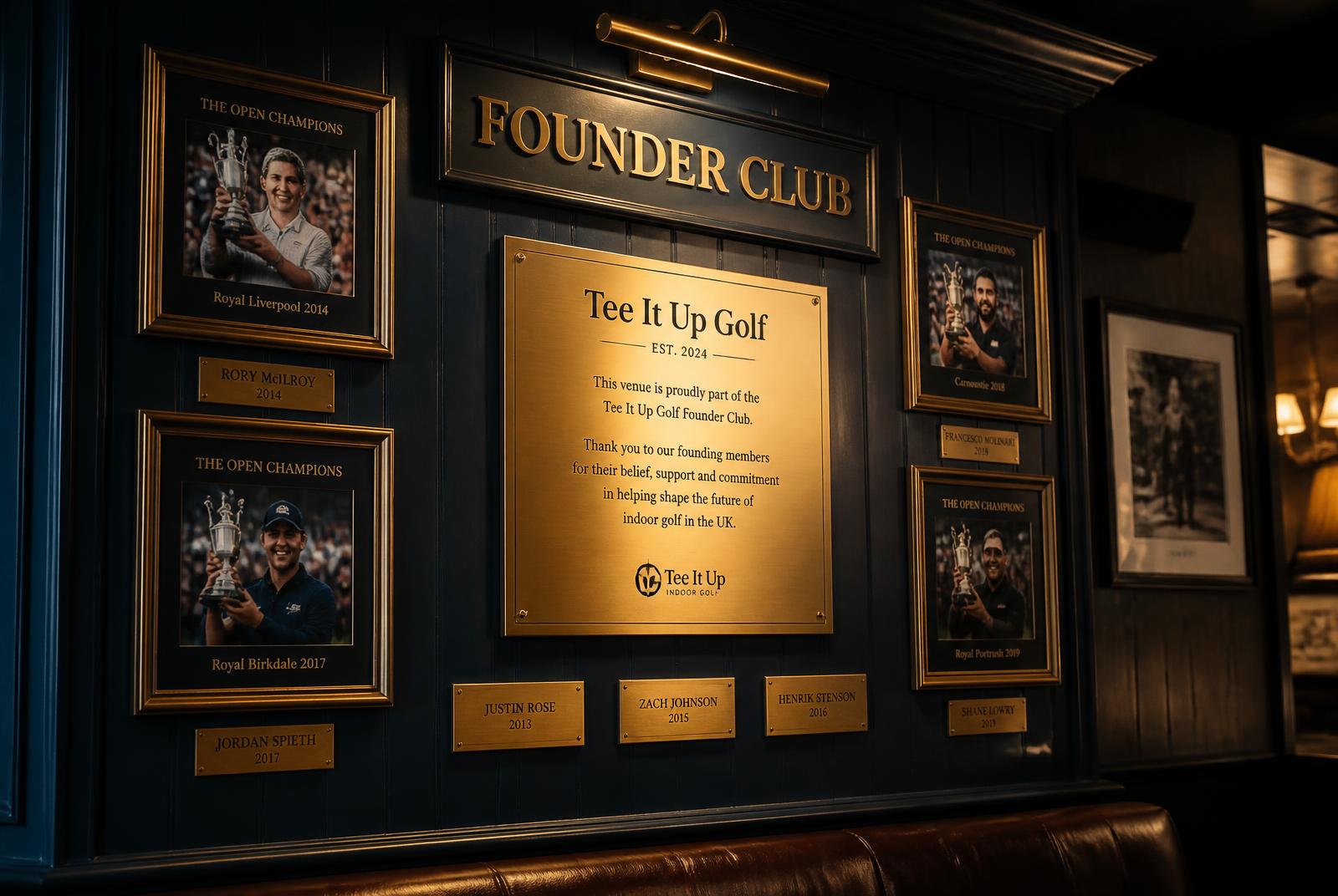 A Founder Club wall of honour with plaques and champion photographs