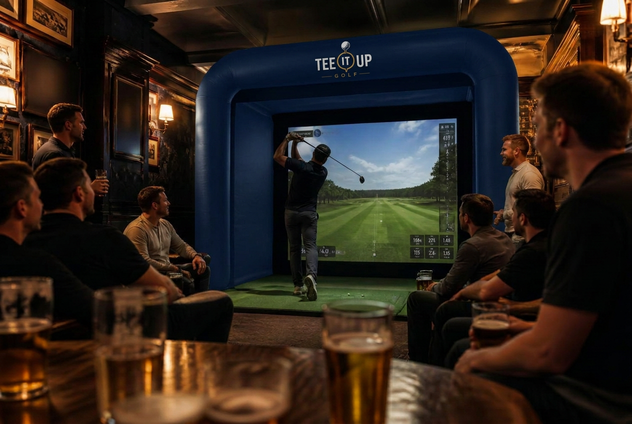 A packed British pub on league night, friends laughing together with drinks on the table and the standings glowing on the wall