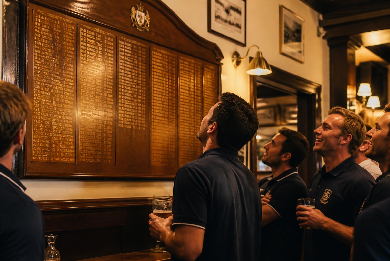 Players looking up at their pub's champions honours board
