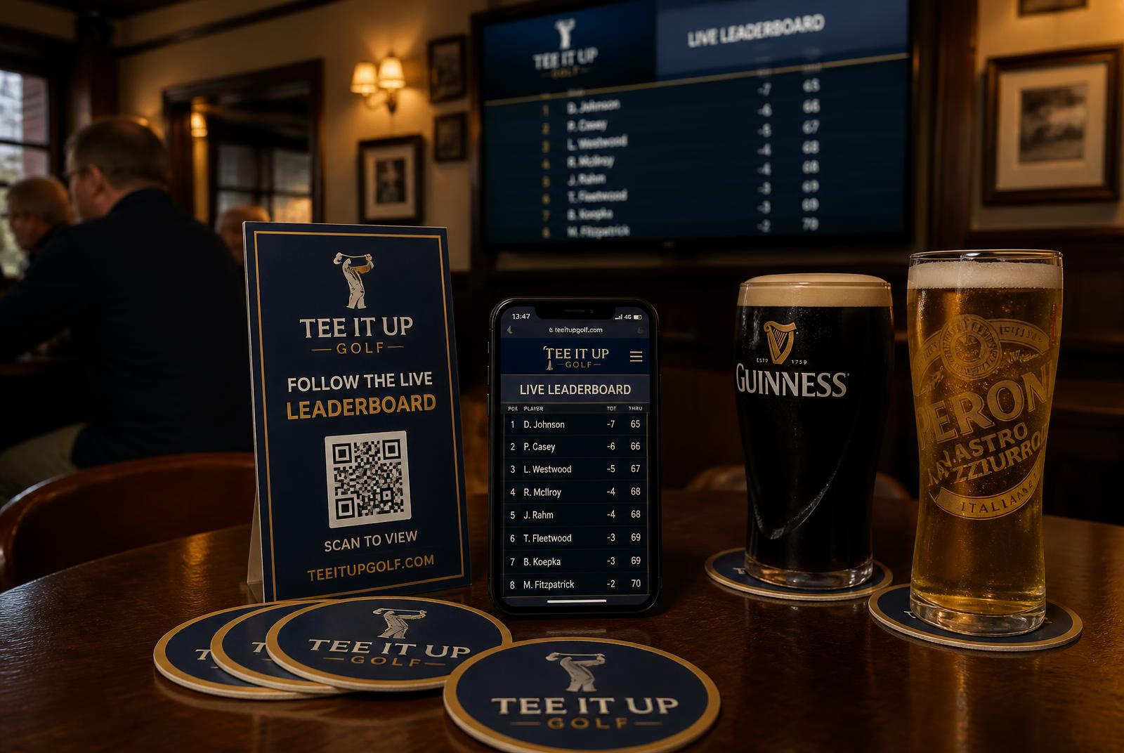A live Tee It Up leaderboard displayed on a screen in a venue