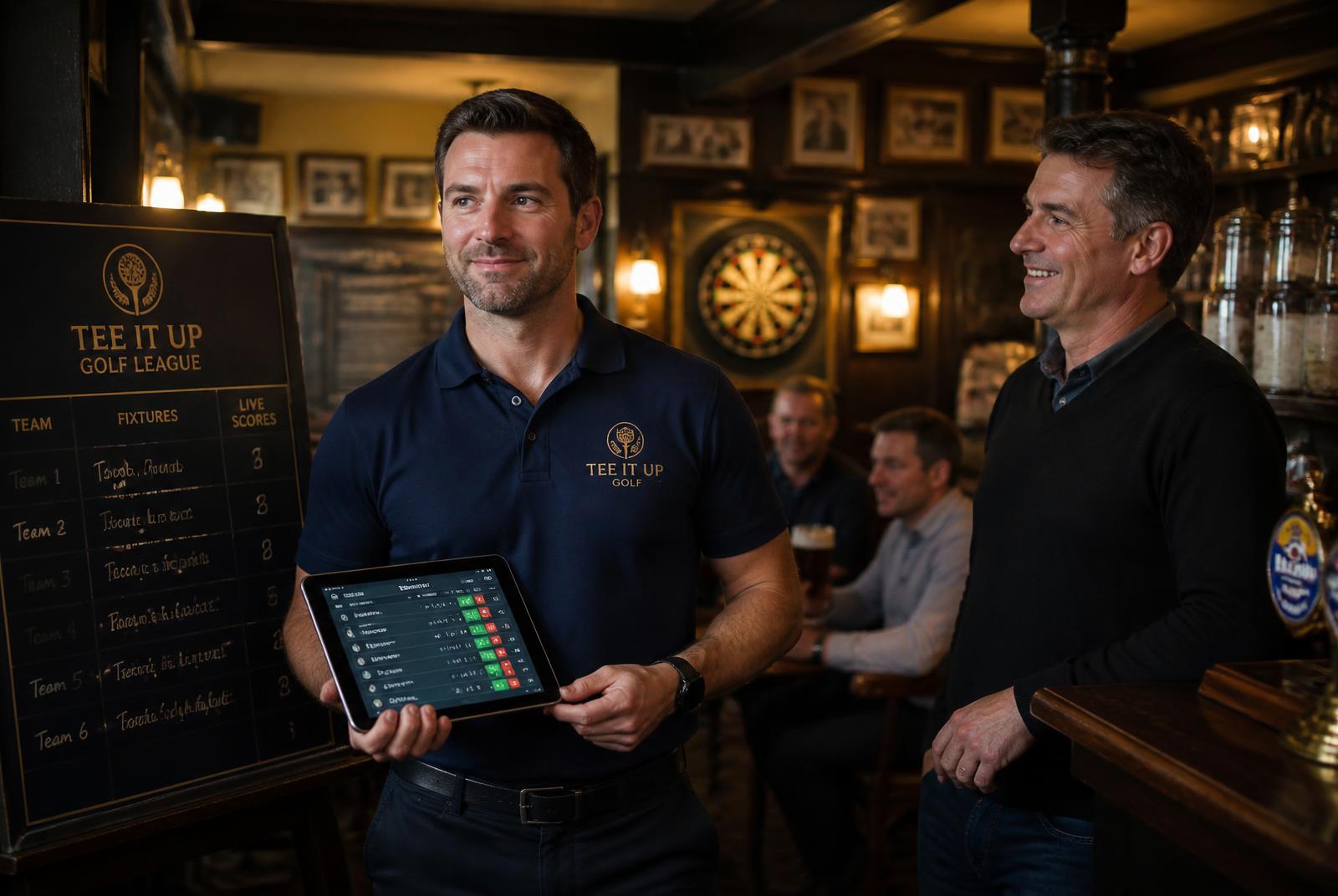 A pub set up for a Tee It Up league night with a championship hole on screen