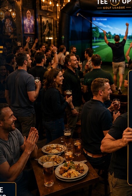 Players celebrating a shot together at a Tee It Up league night