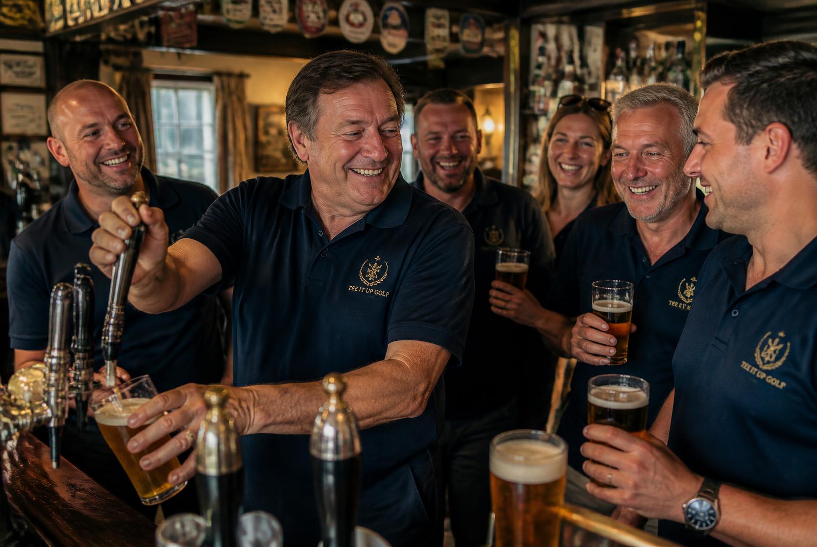 A warmly lit pub interior prepared for a Tee It Up league night