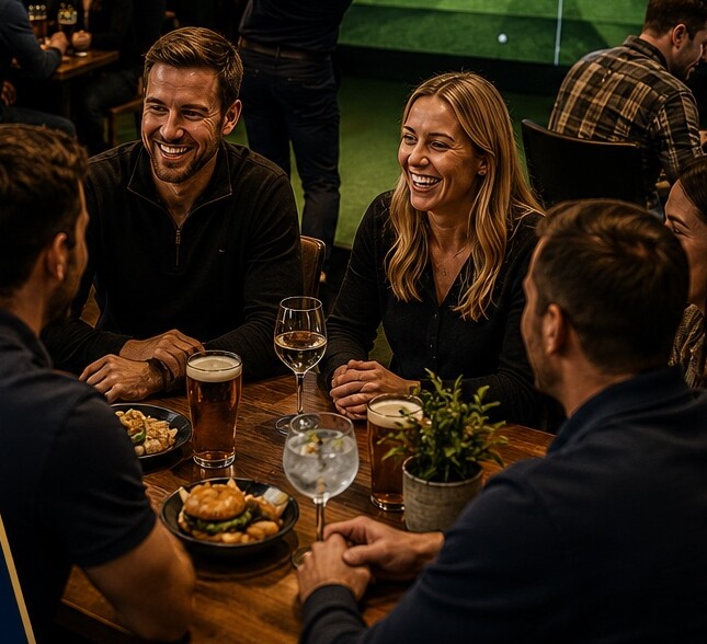 Friends laughing around a pub table with drinks and food on league night