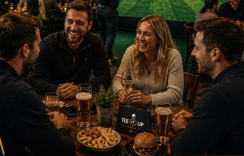 A pub garden crowd applauding a player on a Tee It Up league night