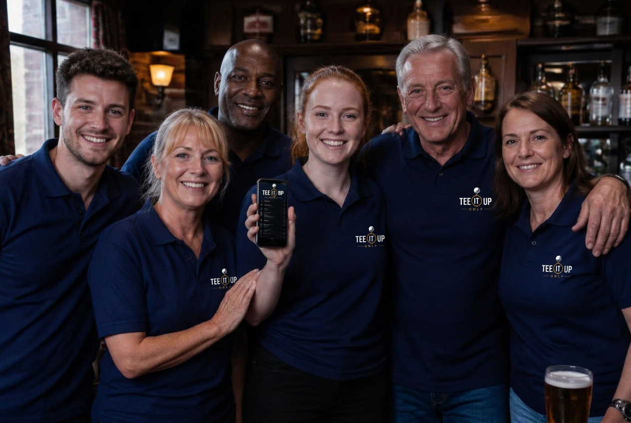 A pub team in matching shirts with their captain, checking the league standings on a phone