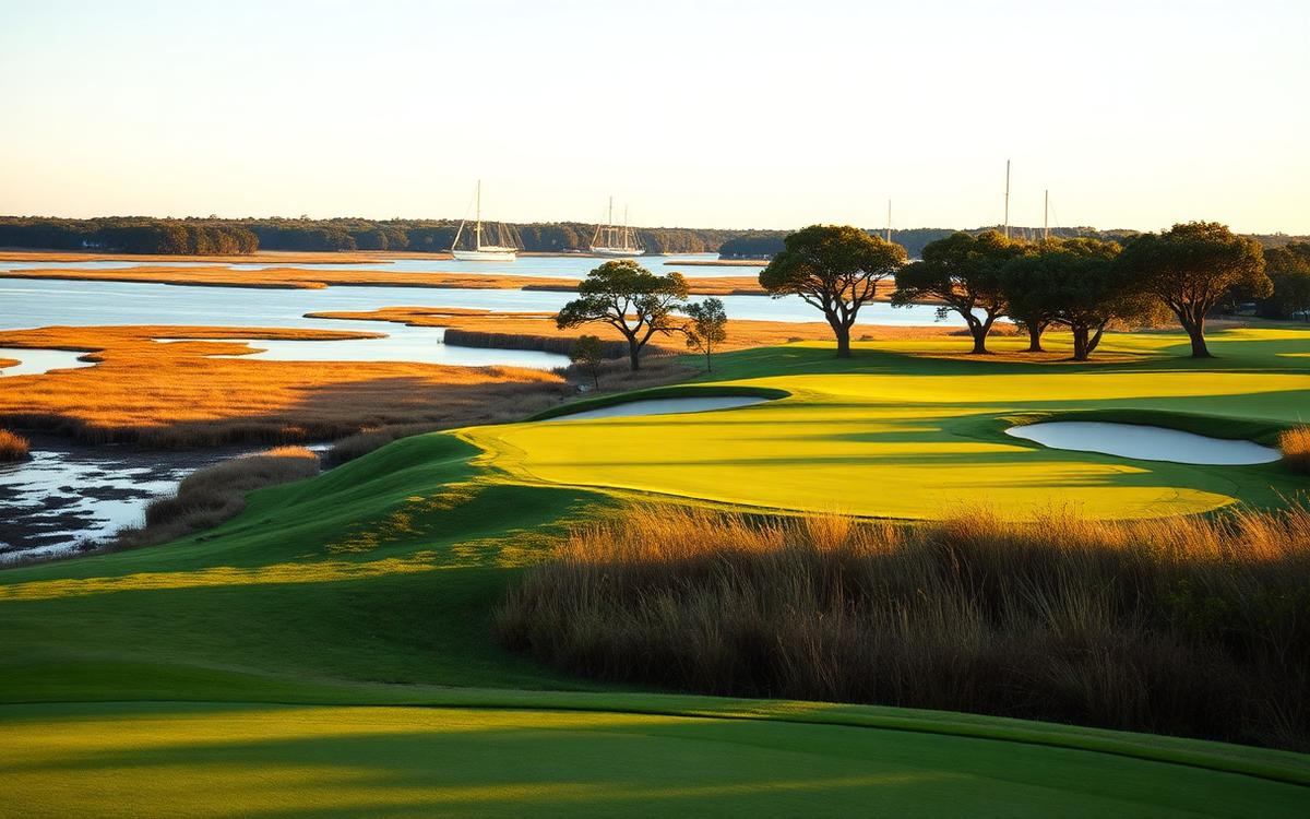 Low-country coastal course framed by live oaks and marshland