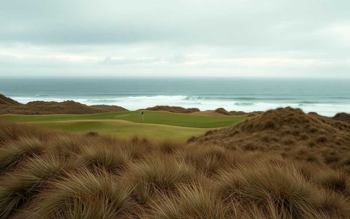 Rugged Pacific links running along a windswept clifftop