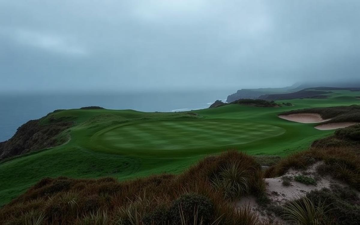 Misty clifftop links green among low dunes
