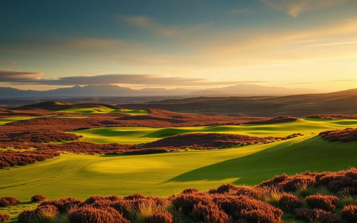 Scottish moorland course with heather and distant peaks