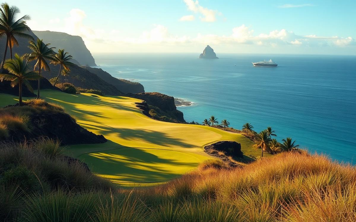 Hawaiian fairway plunging downhill toward the Pacific