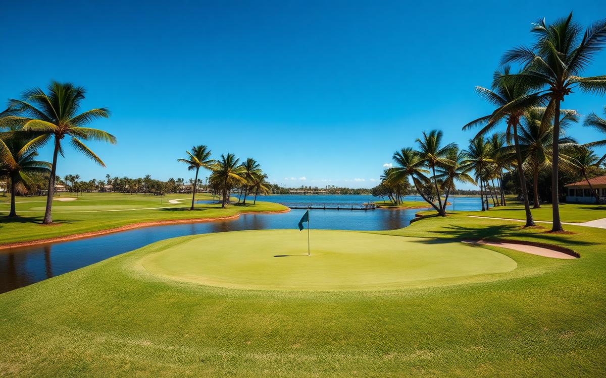 Par 3 green almost surrounded by water