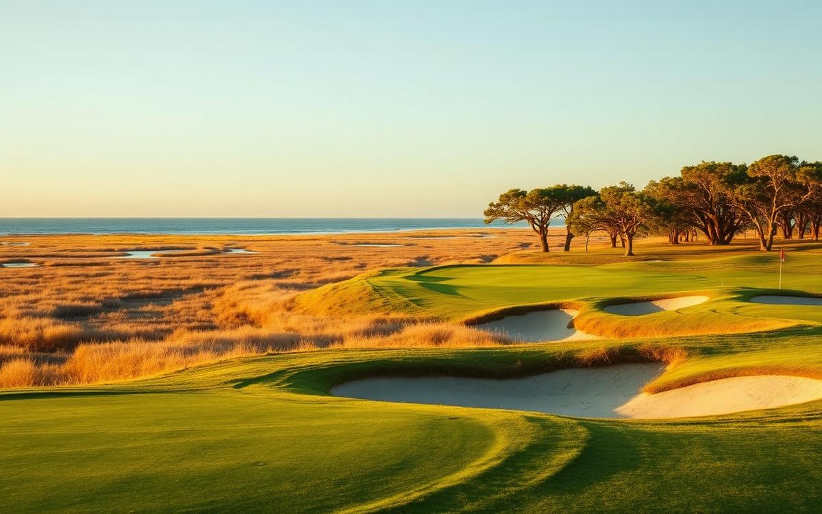 Seaside course beside tidal salt marsh at golden hour