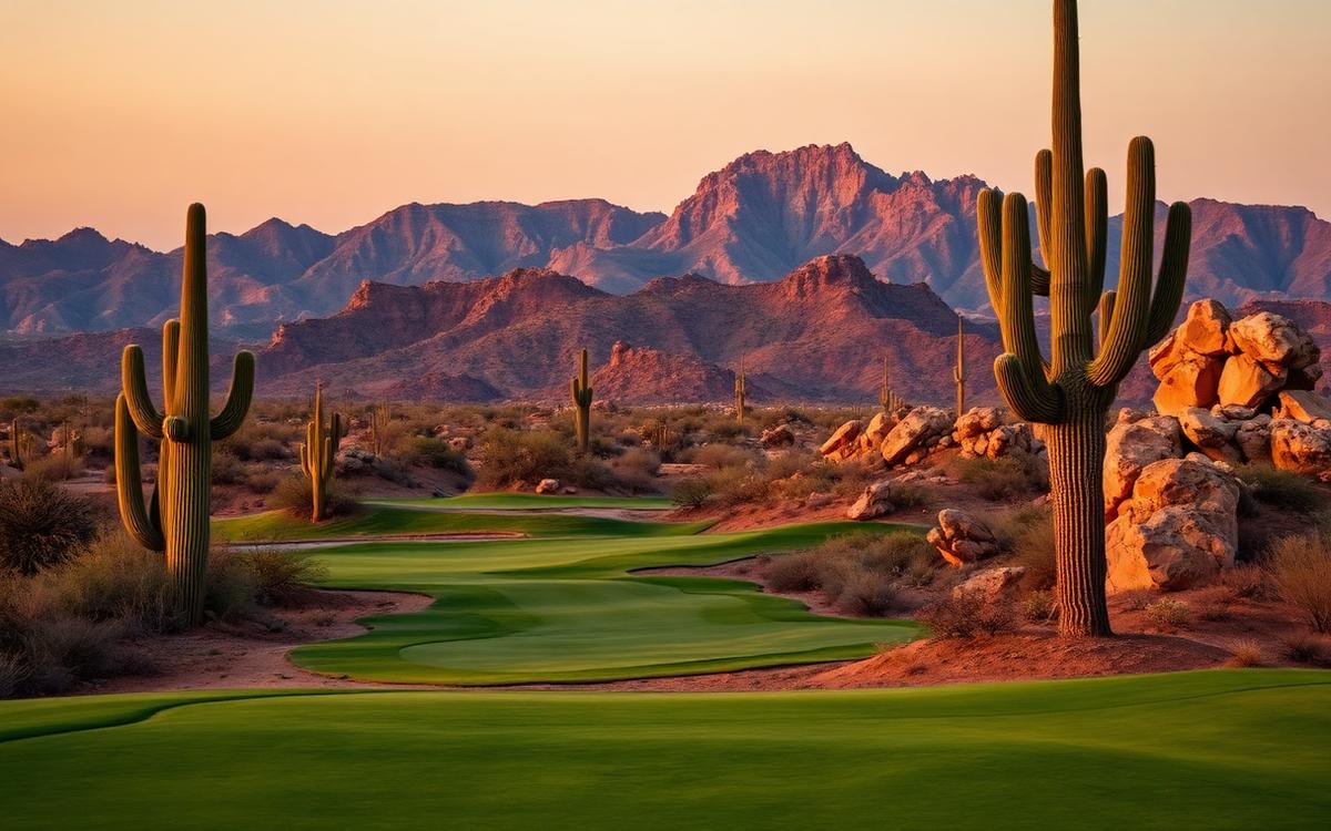 Desert course threading between saguaro cactus and boulders