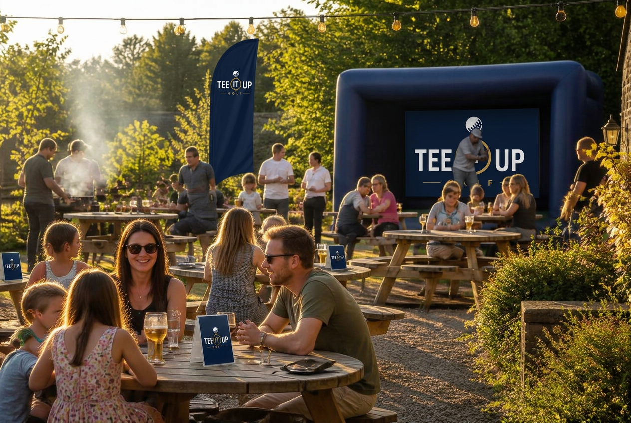 Friends and families laughing over food and drinks at a busy Founder Club while a Weekend Tour golf challenge runs behind them